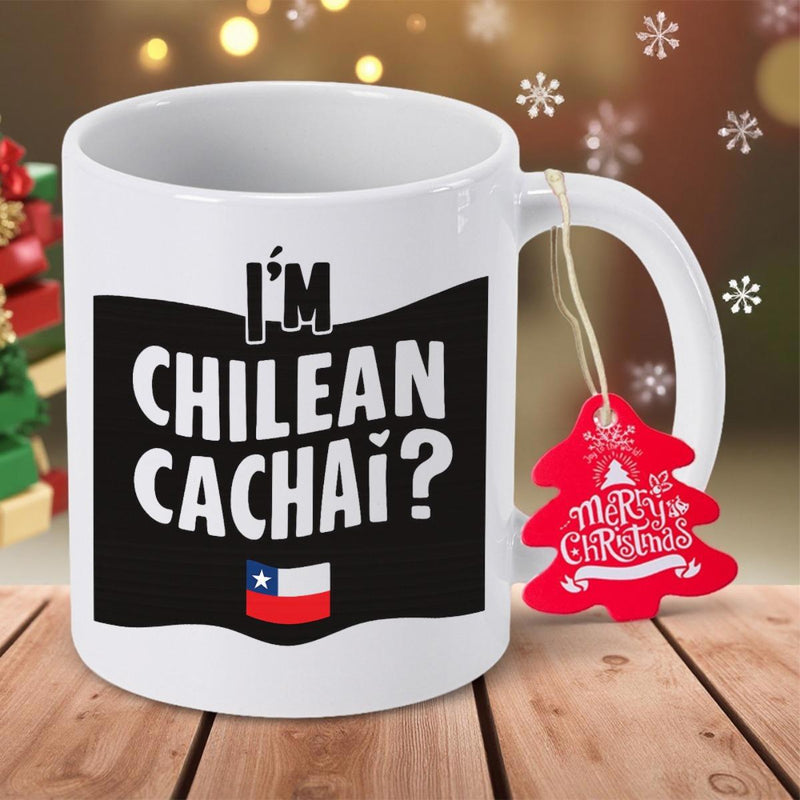 Tailorly White Ceramic 11 oz Mug - Im Chilean Cachai Bold Black Wavy Banner Featuring National Symbol Colors Graphic Flag