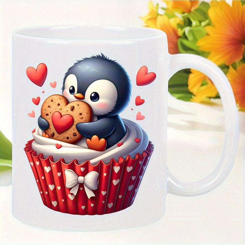 Tailorly White Ceramic 11 oz Mug - Sweet Little Bird Sitting In Red Cupcake Holding Heart Cookie Penguin
