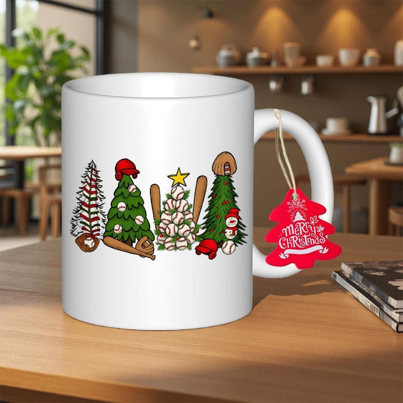 Tailorly White Ceramic 11 oz Mug - Mama Festive Christmas Trees Crafted From Baseball Gear And Sporting Holiday Accents Mug