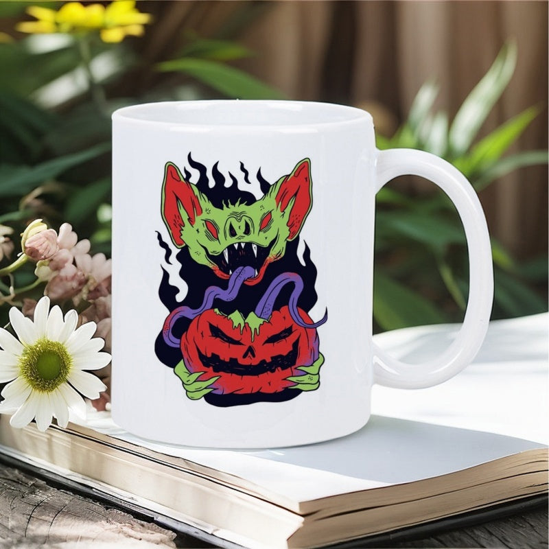 Tailorly White Ceramic 11 oz Mug - Spooky Green Bat Monster Holding A Carved Orange Glowing Halloween Pumpkin Bat
