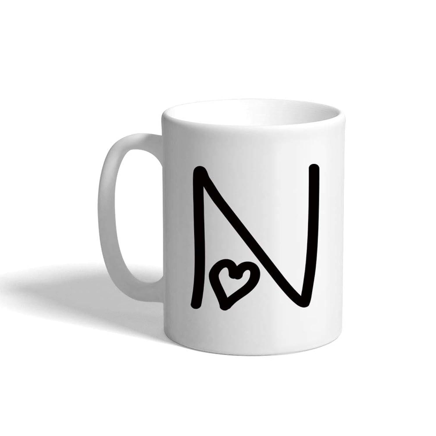 Tailorly White Ceramic 11 oz Mug - N Minimalist Black Artistic Hand Drawn Script Letter Featuring Small Heart Mug