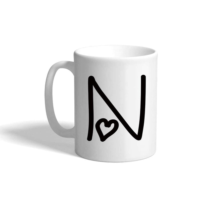 Tailorly White Ceramic 11 oz Mug - N Minimalist Black Artistic Hand Drawn Script Letter Featuring Small Heart Mug
