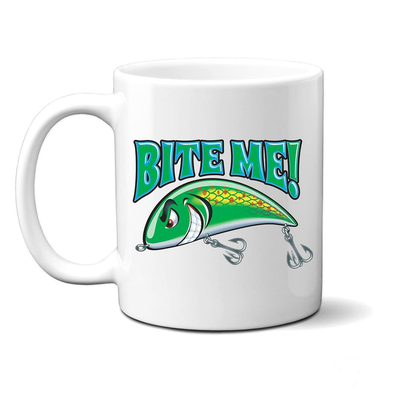 Tailorly White Ceramic 11 oz Mug - Bite Me Aggressive Cartoon Fish Hook Character With Vibrant Green Scales Lure