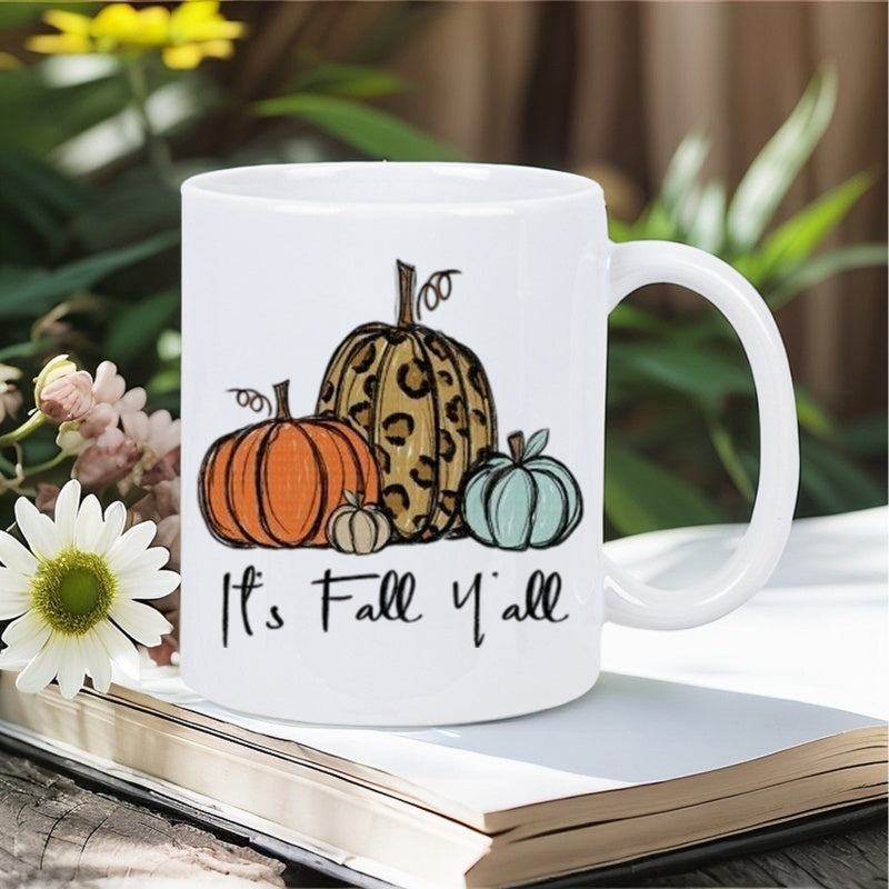 Tailorly White Ceramic 11 oz Mug - Its Fall Yall Assorted Rustic Harvest Pumpkins With Leopard Print Pattern Under Soft Light Pumpkin