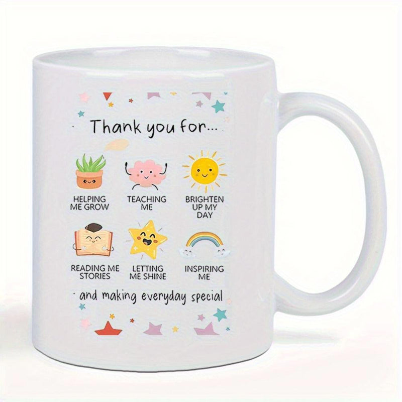 Tailorly White Ceramic 11 oz Mug - Thank You For Making Everyday Special Minimalist Colorful Cartoon Icons Featuring Sun Star Rainbow And Open Book Mug