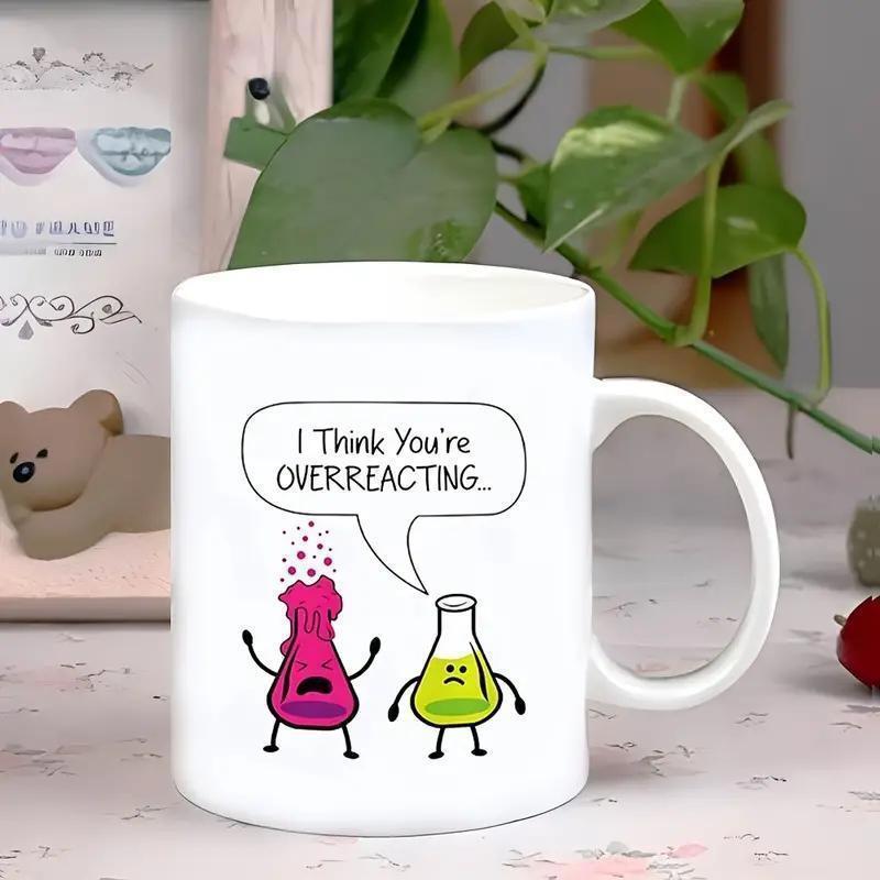 Tailorly White Ceramic 11 oz Mug - I Think Youre Overreacting Cartoon Laboratory Beakers With Animated Faces And Bubbling Chemical Solutions Flasks