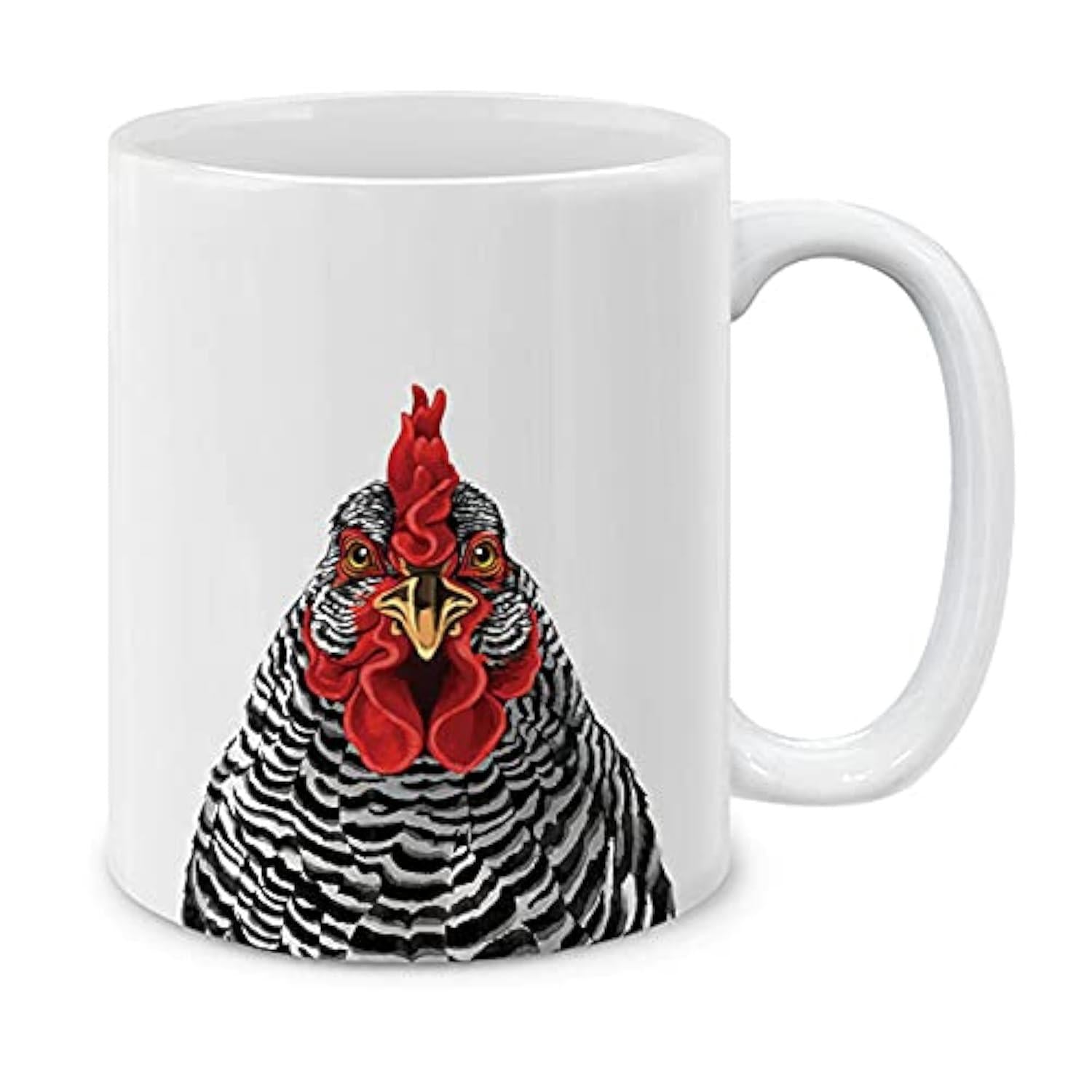 Tailorly White Ceramic 11 oz Mug - Realistic Artistic Barred Rock With Red Comb Among Detailed Black White Feathers Rooster