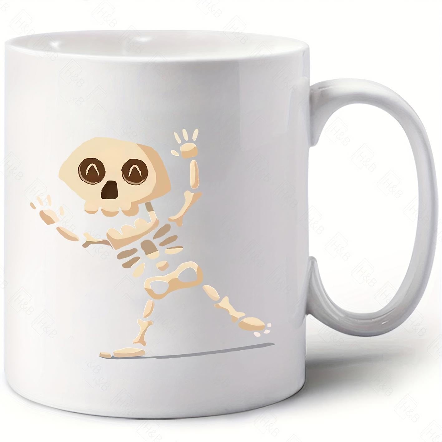 Tailorly White Ceramic 11 oz Mug - Cheerful Dancing Cartoon Character With Smiling Eyes In Minimalist Style Skeleton