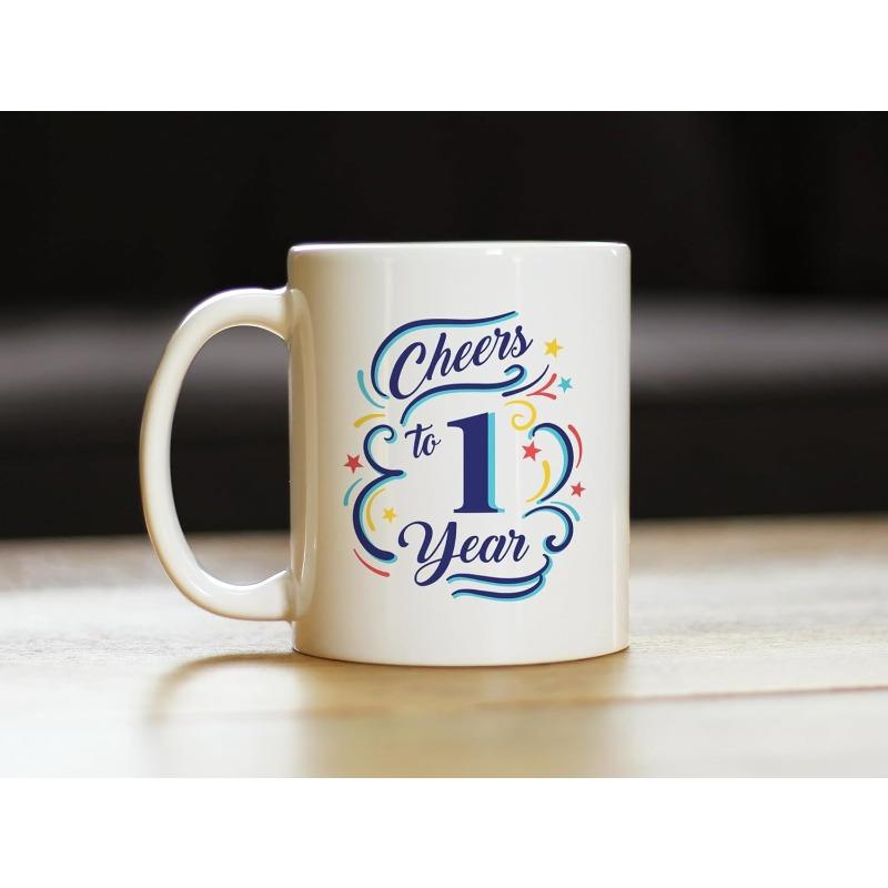 Tailorly White Ceramic 11 oz Mug - Cheers To 1 Year Elegant Script With Festive Colorful Swirls And Shining Stars Anniversary
