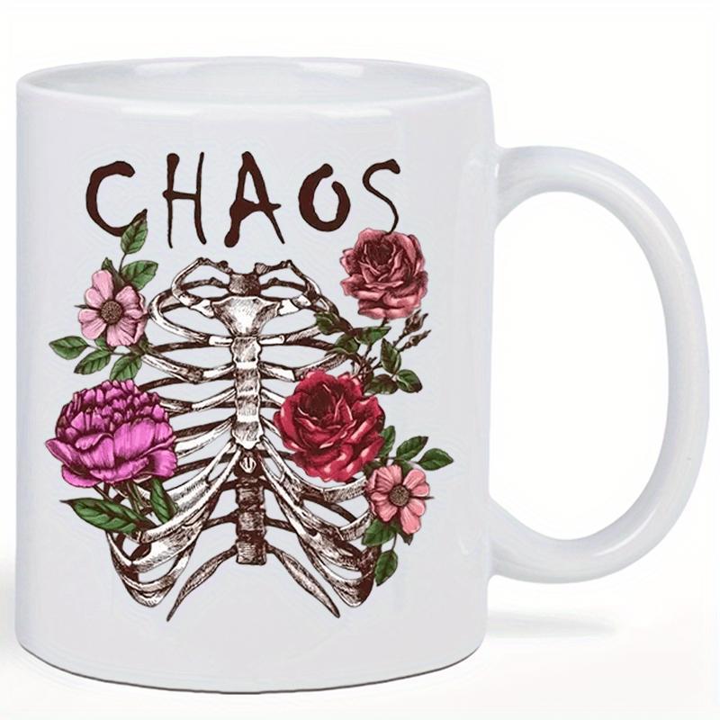 Tailorly White Ceramic 11 oz Mug - Chaos Vintage Anatomical Ribcage Surrounded By Blooming Pink And Red Roses Ribcage