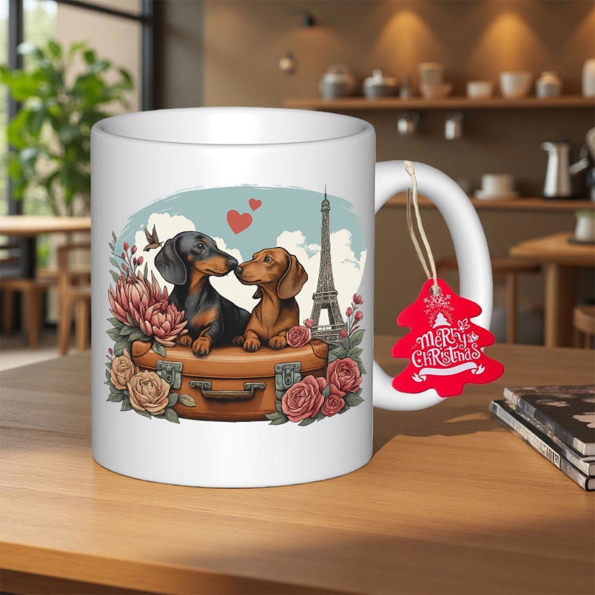 Tailorly White Ceramic 11 oz Mug - Merry Christmas Two Adorable Puppies Sitting On Vintage Suitcase With Eiffel Tower Dachshund