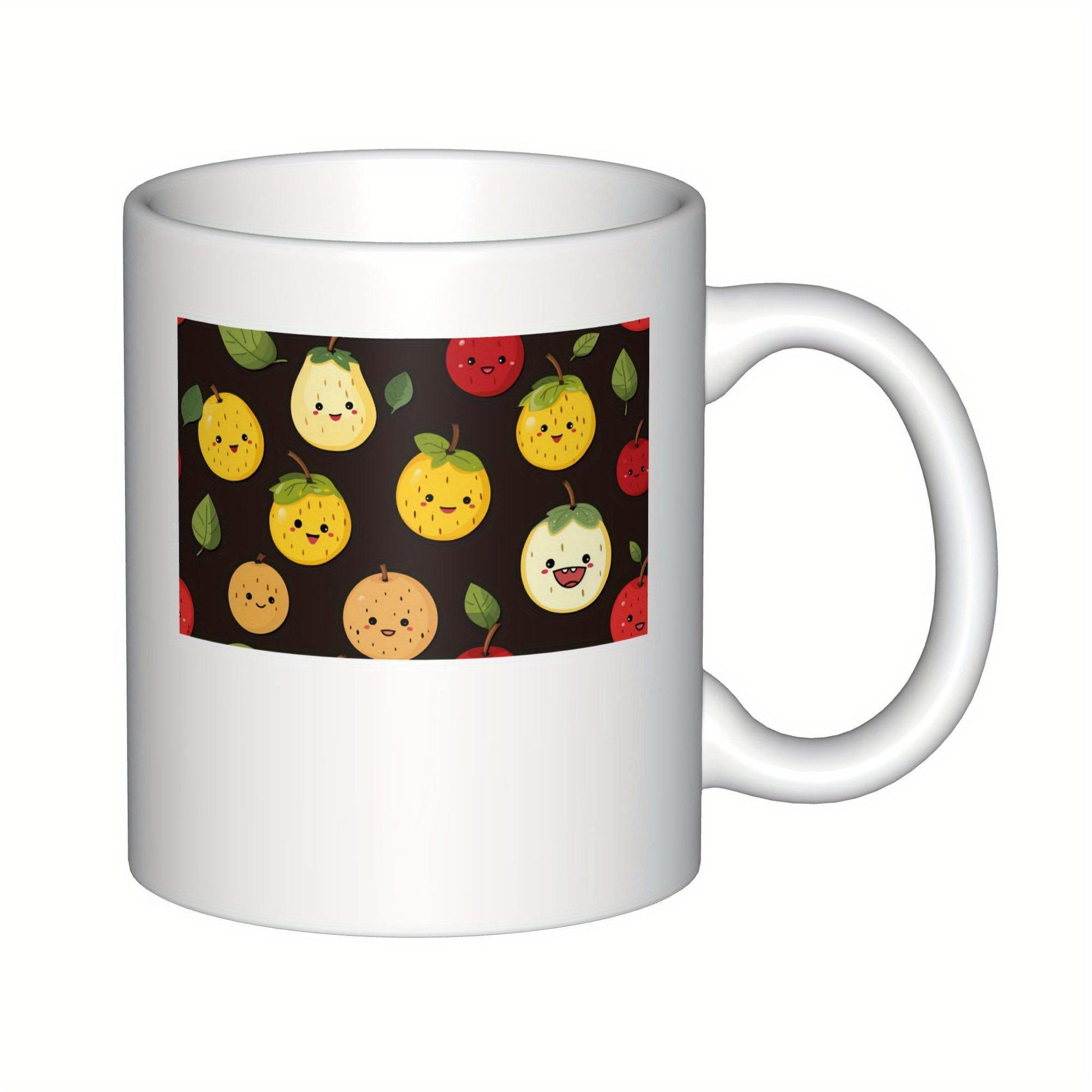 Tailorly White Ceramic 11 oz Mug - Cute Smiling Cartoon Fruit Characters Floating On Dark Textured Background Fruit