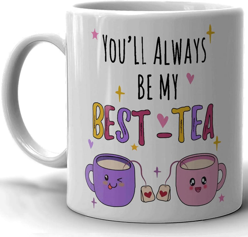 Tailorly White Ceramic 11 oz Mug - Youll Always Be My Best Tea Two Cute Kawaii Style Ceramic Cups With Smiling Faces And Tea Bags Mug
