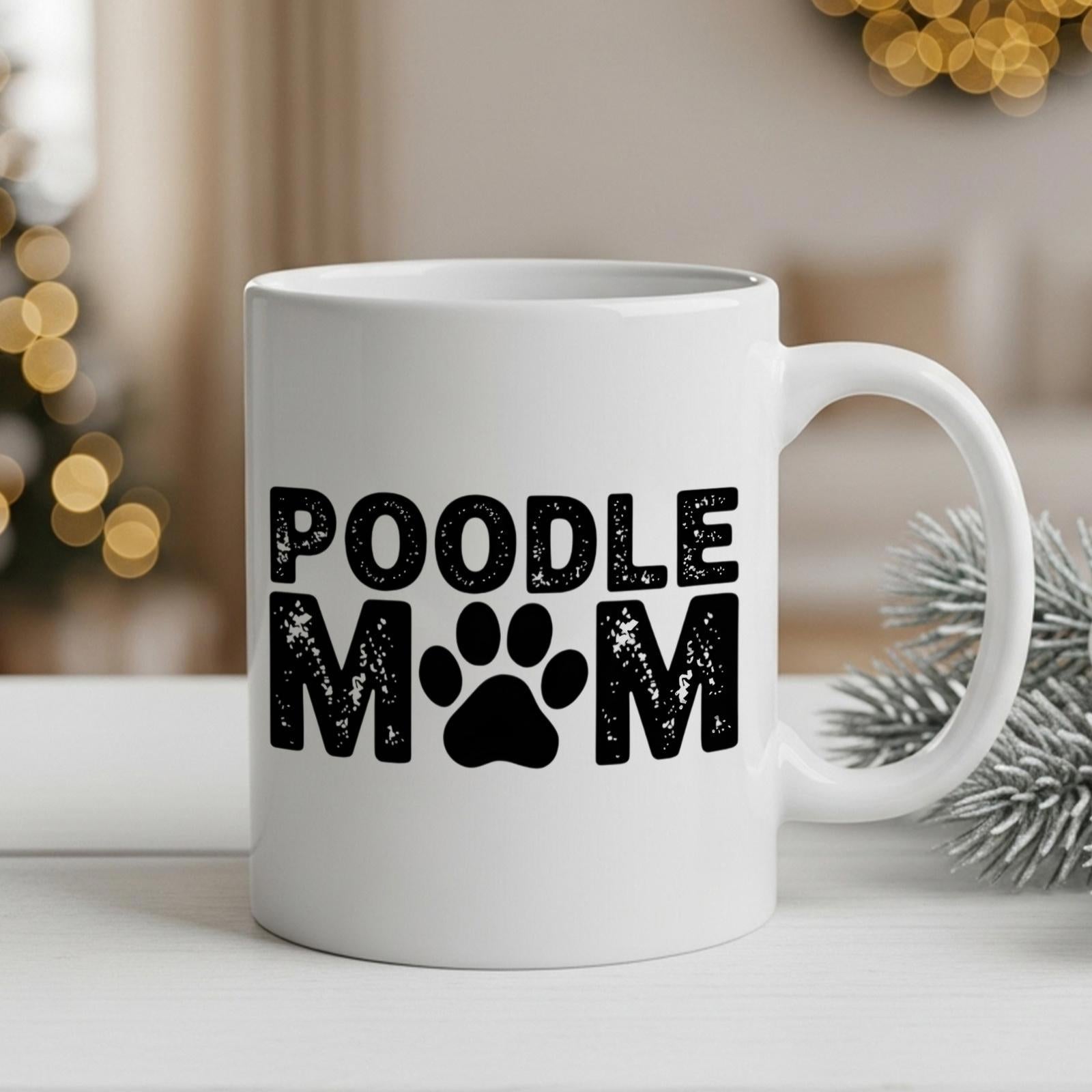 Tailorly White Ceramic 11 oz Mug - Poodle Mom Bold Textured Black Lettering Featuring A Small Canine Paw Print Poodle Mom