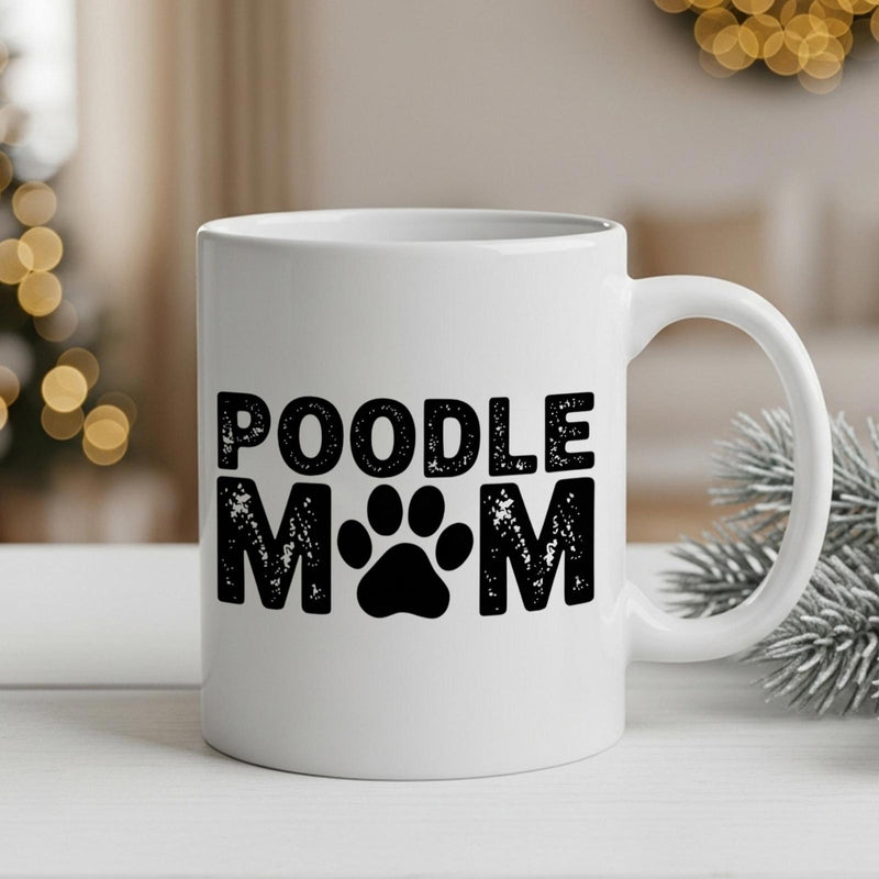 Tailorly White Ceramic 11 oz Mug - Poodle Mom Bold Textured Black Lettering Featuring A Small Canine Paw Print Poodle Mom
