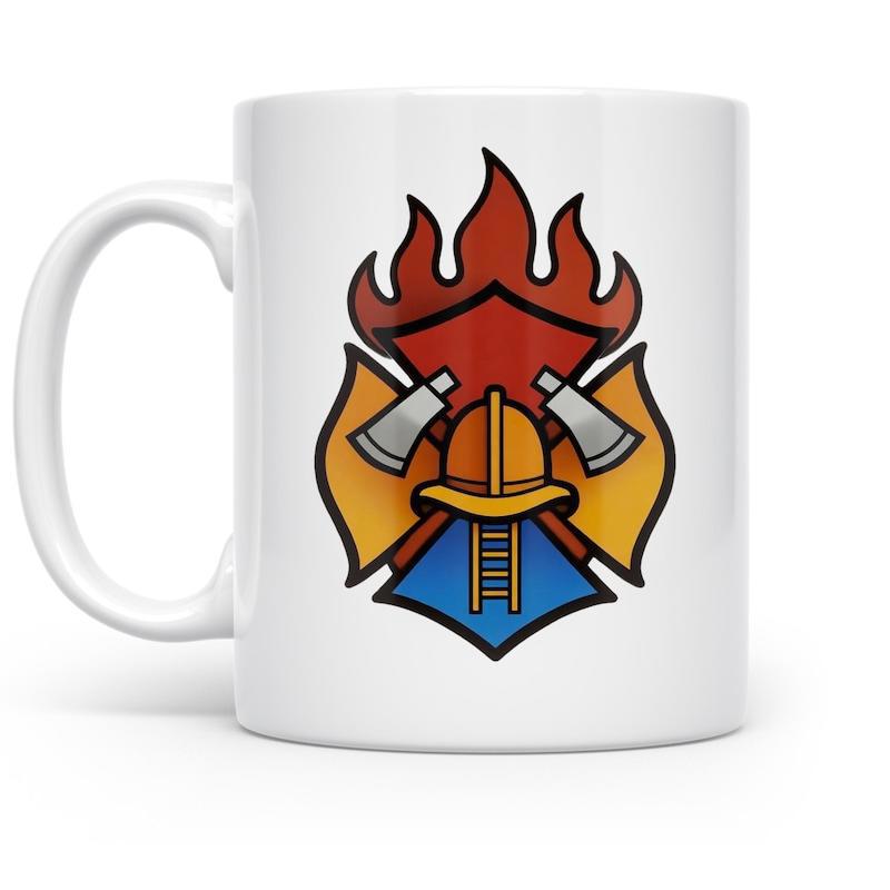 Tailorly White Ceramic 11 oz Mug - Classic Firefighter Department Shield Featuring Crossed Axes Flame And Helmet Emblem