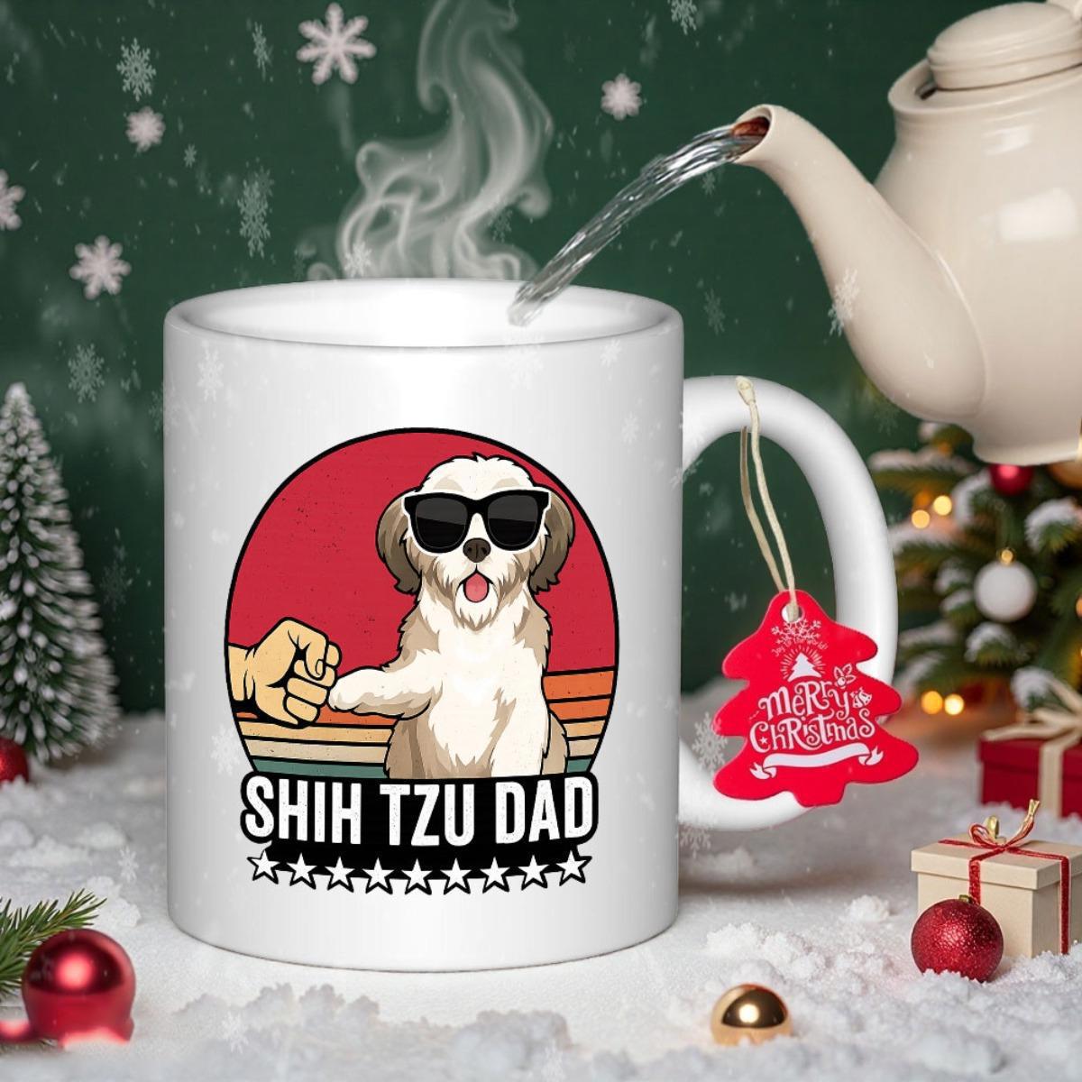 Tailorly White Ceramic 11 oz Mug - Shih Tzu Dad Cool Fluffy Dog Wearing Sunglasses Sitting Against A Vibrant Retro Sunset Shih Tzu
