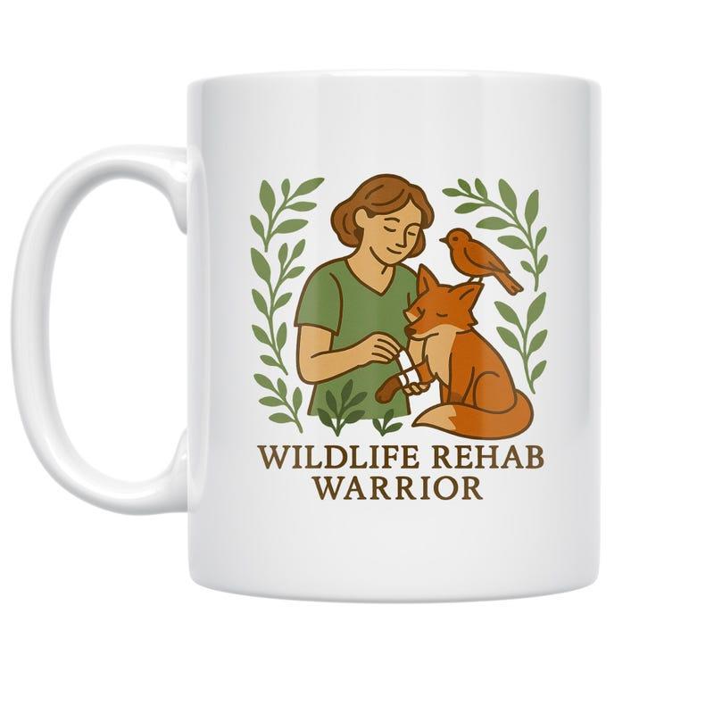 Tailorly White Ceramic 11 oz Mug - Wildlife Rehab Warrior Compassionate Woman Bandaging Injured Fox Among Serene Green Forest Leaves Warrior