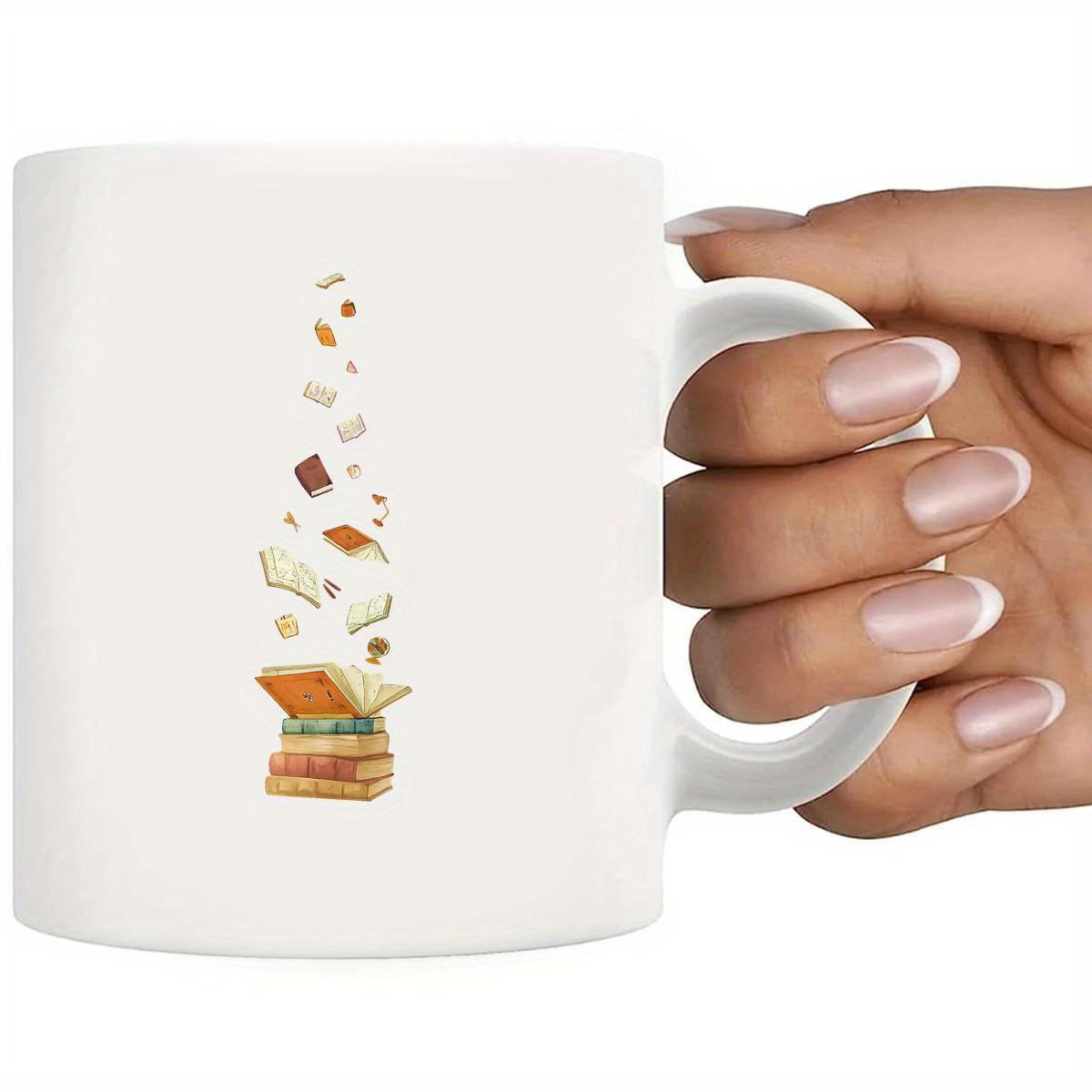 Tailorly White Ceramic 11 oz Mug - Whimsical Stack Of Literature With Pages Flying Into The Air Books