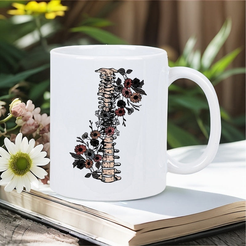 Tailorly White Ceramic 11 oz Mug - Artistic Gothic Design Featuring Dark Sunflowers Among An Anatomical Spine