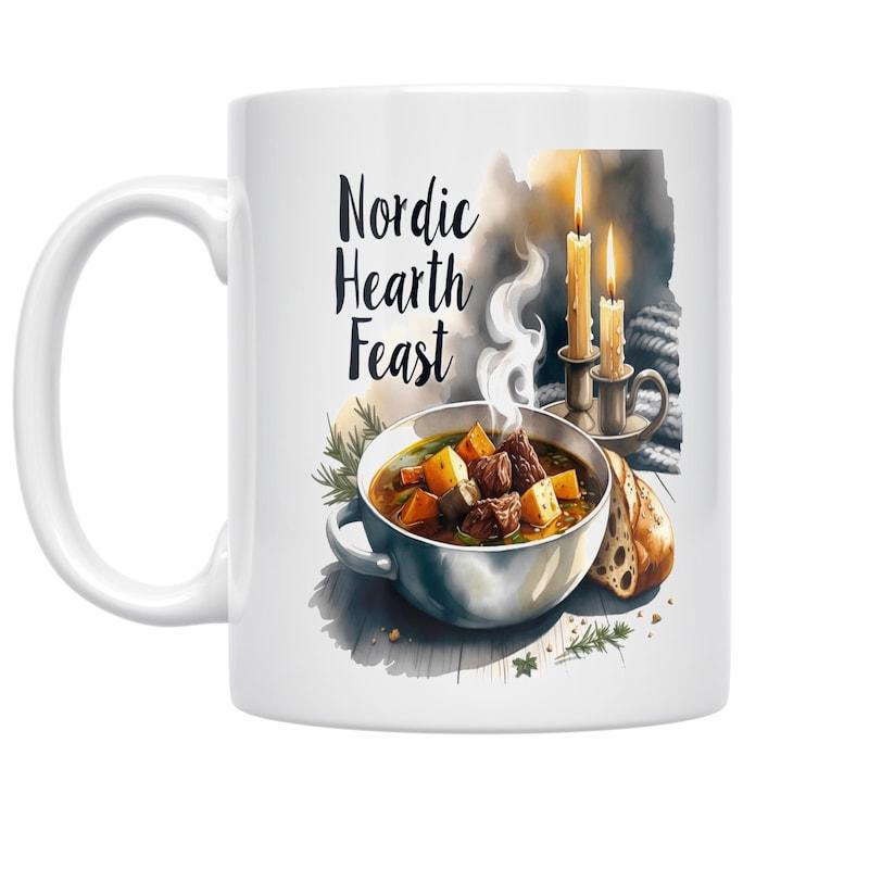 Tailorly White Ceramic 11 oz Mug - Nordic Hearth Feast Warm Steaming Bowl With Burning Candles And Sliced Bread Beside A Stew