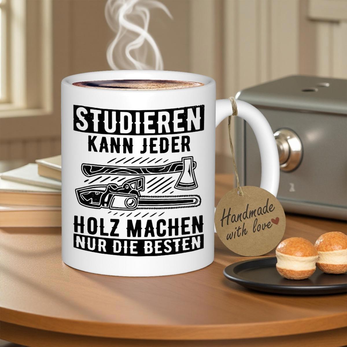 Tailorly White Ceramic 11 oz Mug - Handmade With Love Rugged Tool With Detailed Black And White Sketch Design Representing Woodworking Chainsaw