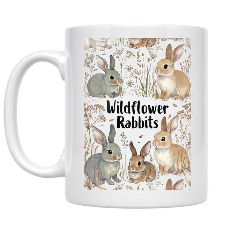 Tailorly White Ceramic 11 oz Mug - Wildflower Rabbits Watercolor Painted Forest Creatures Hidden Among Tall Grass And Meadow Flora Rabbit