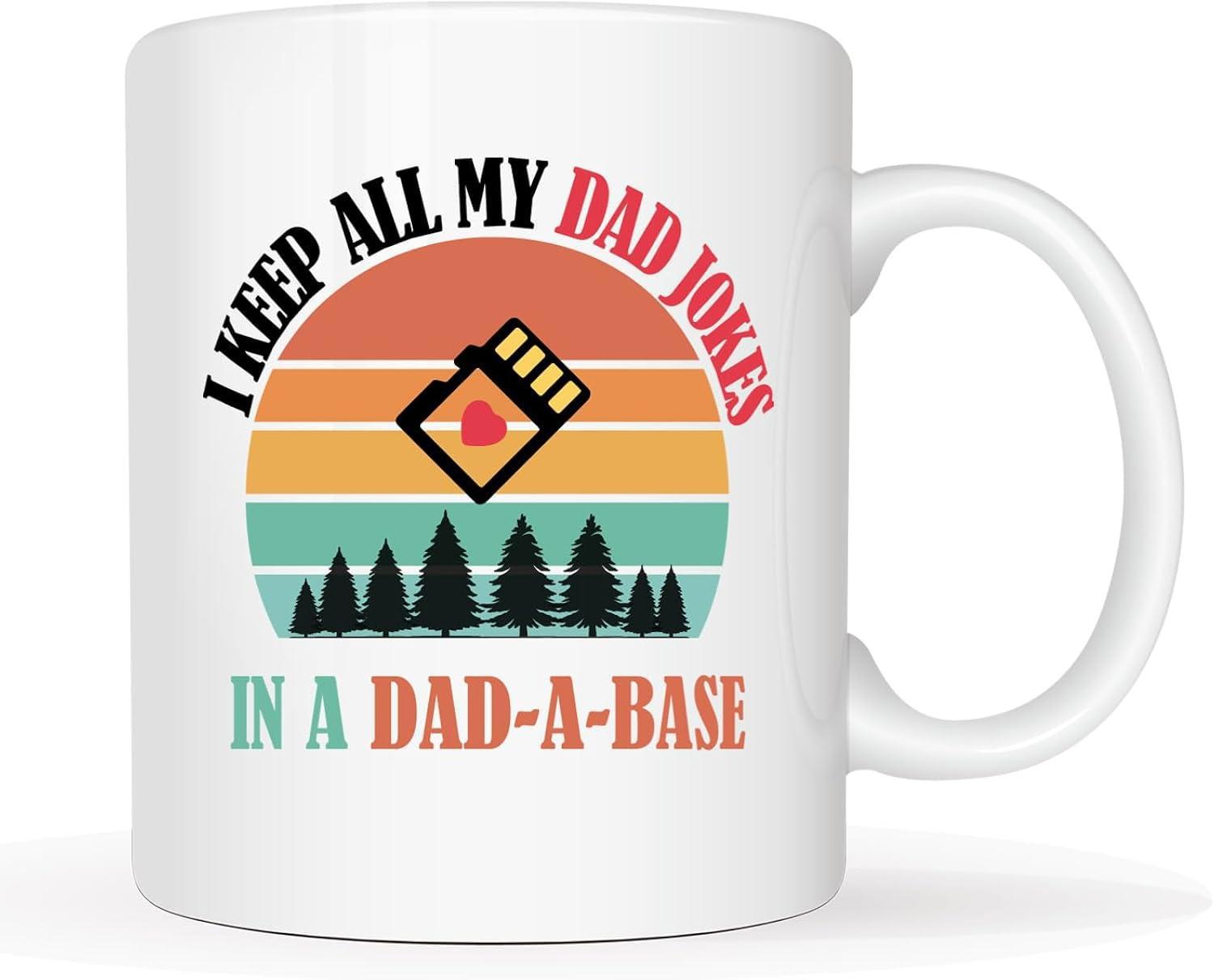 Tailorly White Ceramic 11 oz Mug - I Keep All My Dad Jokes In A Dad A Base Retro Striped Sun Setting Behind Forest Trees With Digital Memory Card Sunset