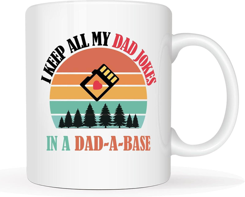 Tailorly White Ceramic 11 oz Mug - I Keep All My Dad Jokes In A Dad A Base Retro Striped Sun Setting Behind Forest Trees With Digital Memory Card Sunset