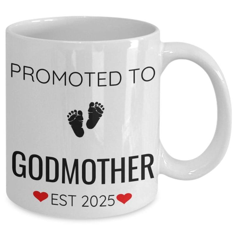 Tailorly White Ceramic 11 oz Mug - Promoted To Godmother Est 2025 Tiny Infant Feet With Small Red Hearts On White Background Footprints