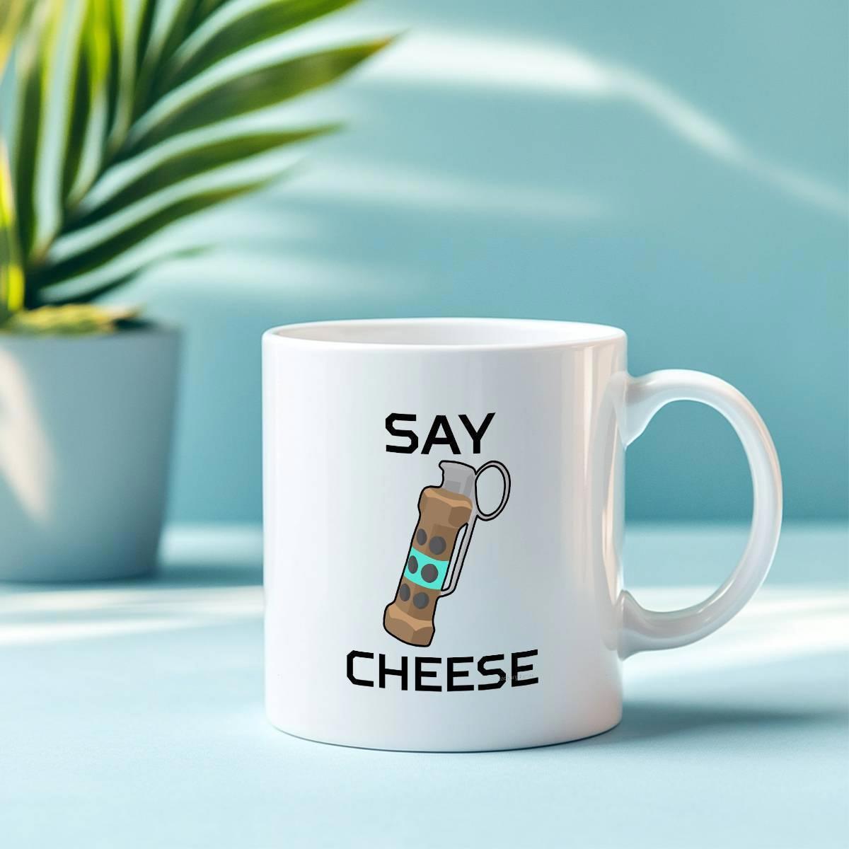 Tailorly White Ceramic 11 oz Mug - Say Cheese Funny Brown Wooden Texture Cylinder Shaped Explosive Design Featuring Metal Ring Grenade