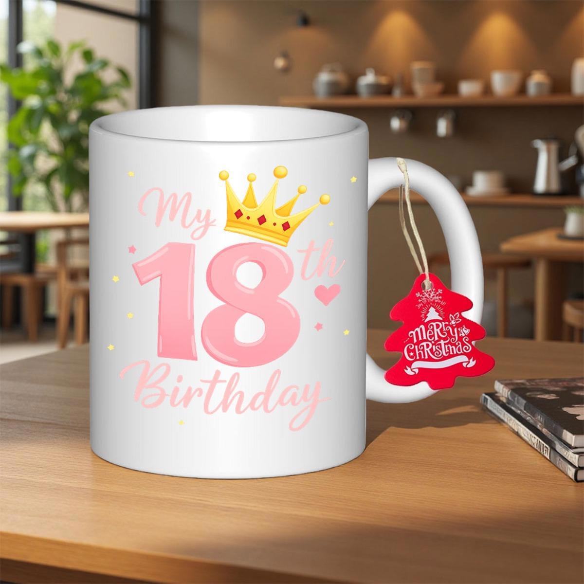 Tailorly White Ceramic 11 oz Mug - My 18th Birthday Golden Princess Tiara Shining Among Pink Hearts And Celebration Numbers Crown