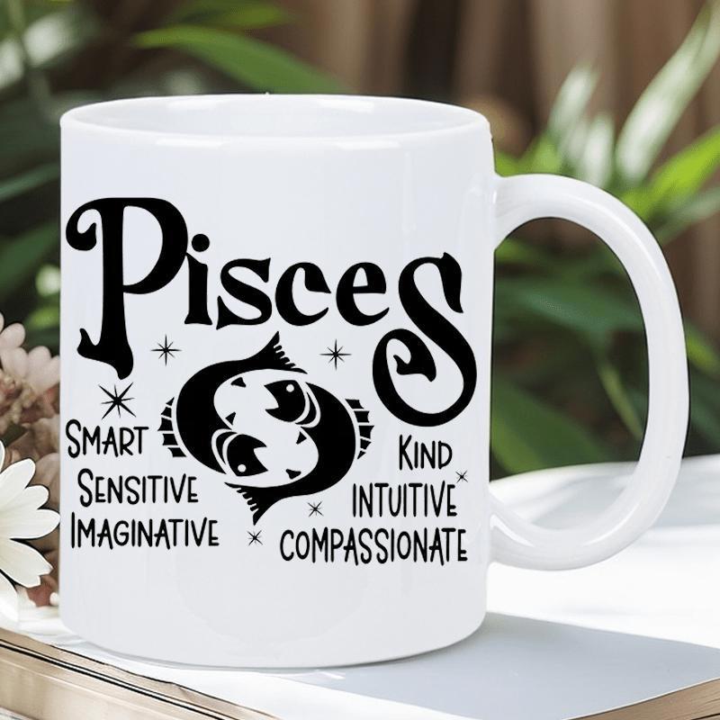 Tailorly White Ceramic 11 oz Mug - Pisces Smart Sensitive Imaginative Kind Intuitive Compassionate Two Stylized Black Fish In Circular Motion Decorated With