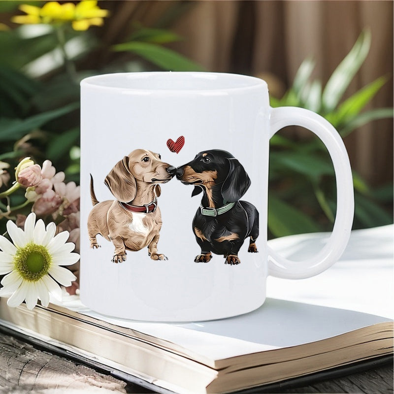 Tailorly White Ceramic 11 oz Mug - Two Cute Realistic Dogs Nuzzling Each Other With A Red Heart Dachshund