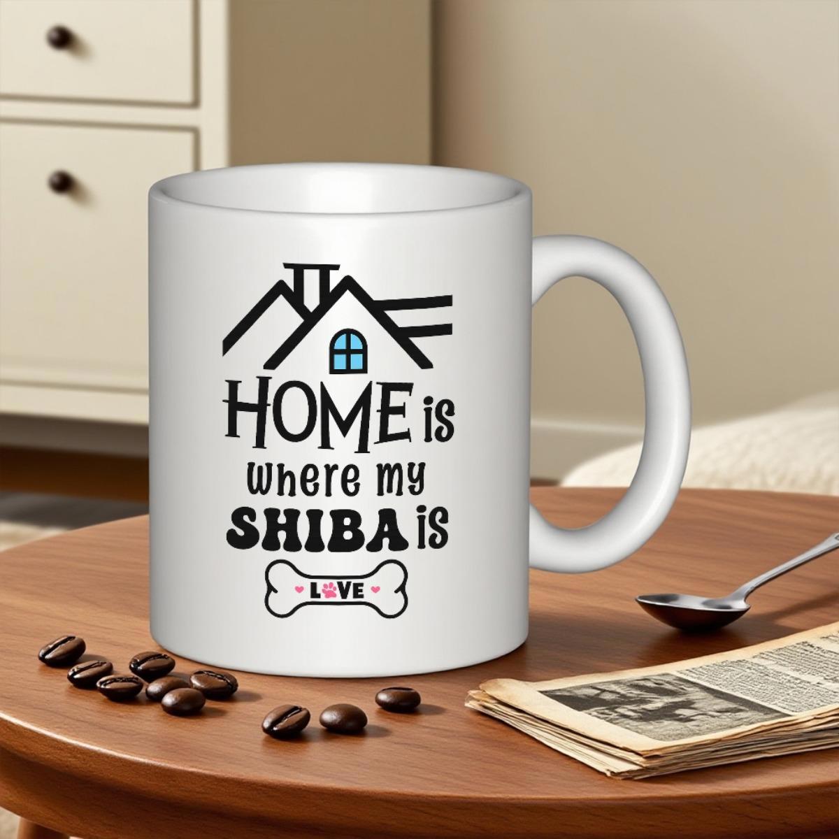 Tailorly White Ceramic 11 oz Mug - Home Is Where My Shiba Is Love Simple House Outline With Small Blue Window Bone Mug