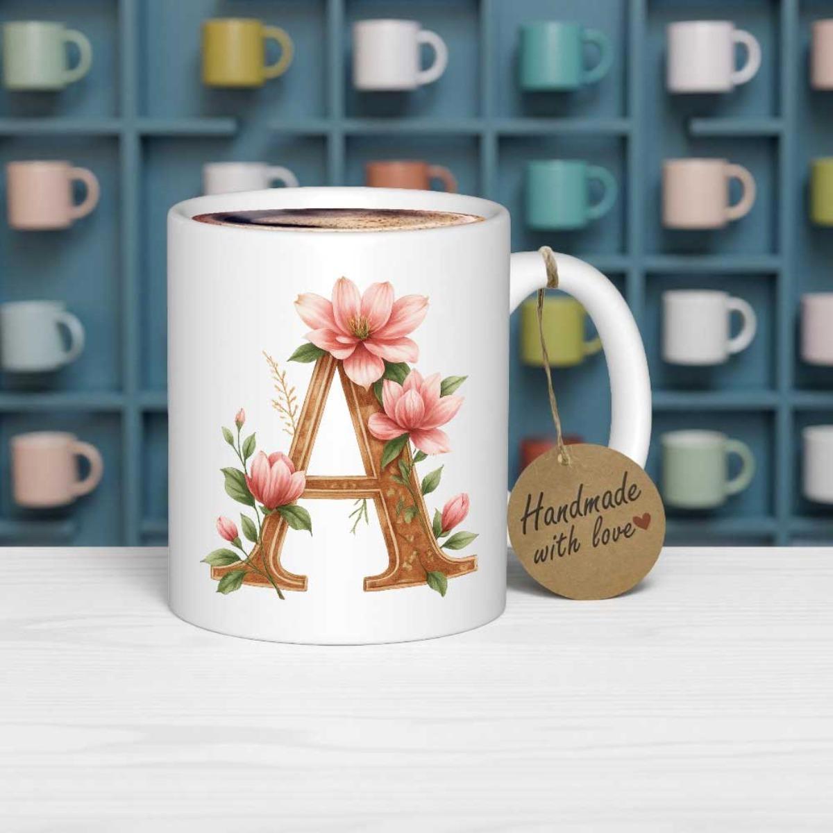 Tailorly White Ceramic 11 oz Mug - Handmade With Love Wooden Texture Letter A Decorated With Elegant Pink Floral Mug