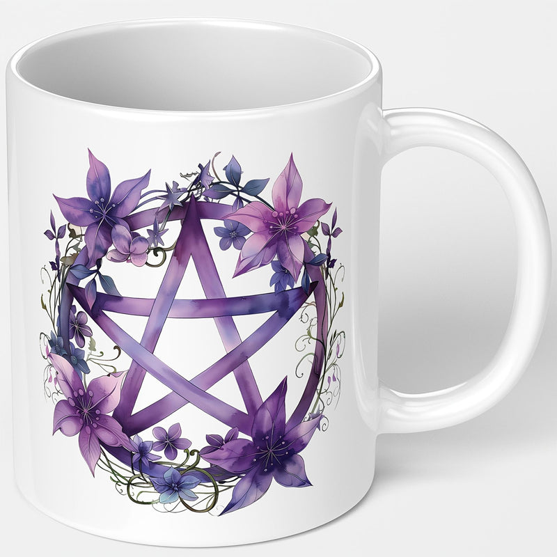 Tailorly White Ceramic 11 oz Mug - Elegant Purple Flowers And Delicate Vines Surrounding A Mystical Watercolor Geometric Pentagram