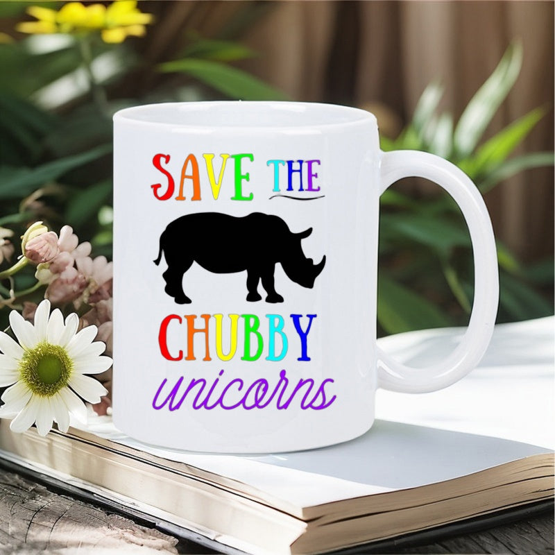 Tailorly White Ceramic 11 oz Mug - Save The Chubby Unicorns Sturdy Black Silhouette Standing Firm On Plain White Background Rhinoceros