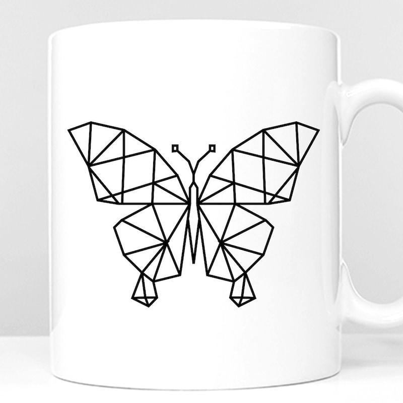 Tailorly White Ceramic 11 oz Mug - Minimalist Geometric Black Line Art Design Featuring A Symmetrical Origami Style Butterfly