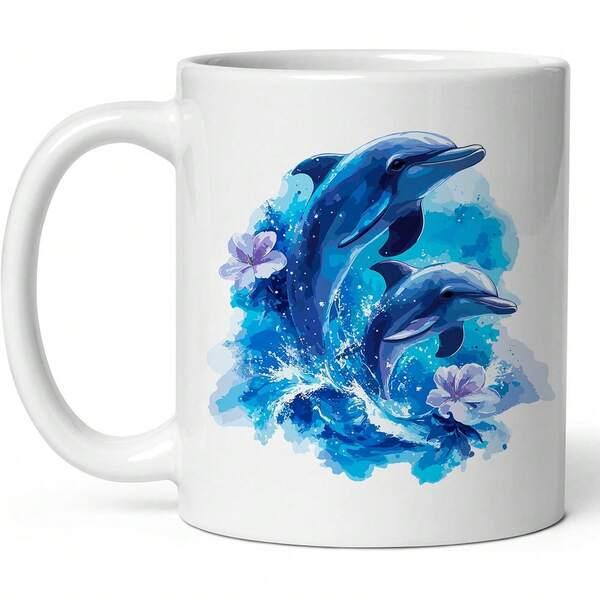 Tailorly White Ceramic 11 oz Mug - Two Playful Blue Watercolor Dolphins Jumping Through Ocean Waves And Flowers Dolphin