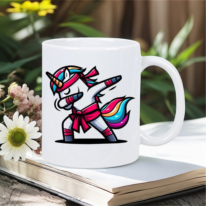 Tailorly White Ceramic 11 oz Mug - Vibrant Rainbow Mane Wearing Red Martial Arts Gear Performing A Dabbing Pose Unicorn
