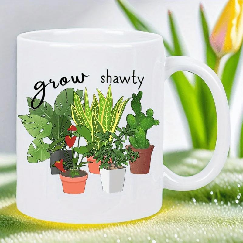 Tailorly White Ceramic 11 oz Mug - Grow Shawty Lush Green Indoor Potted Plants With Cactus And Various Tropical Leaves Plant