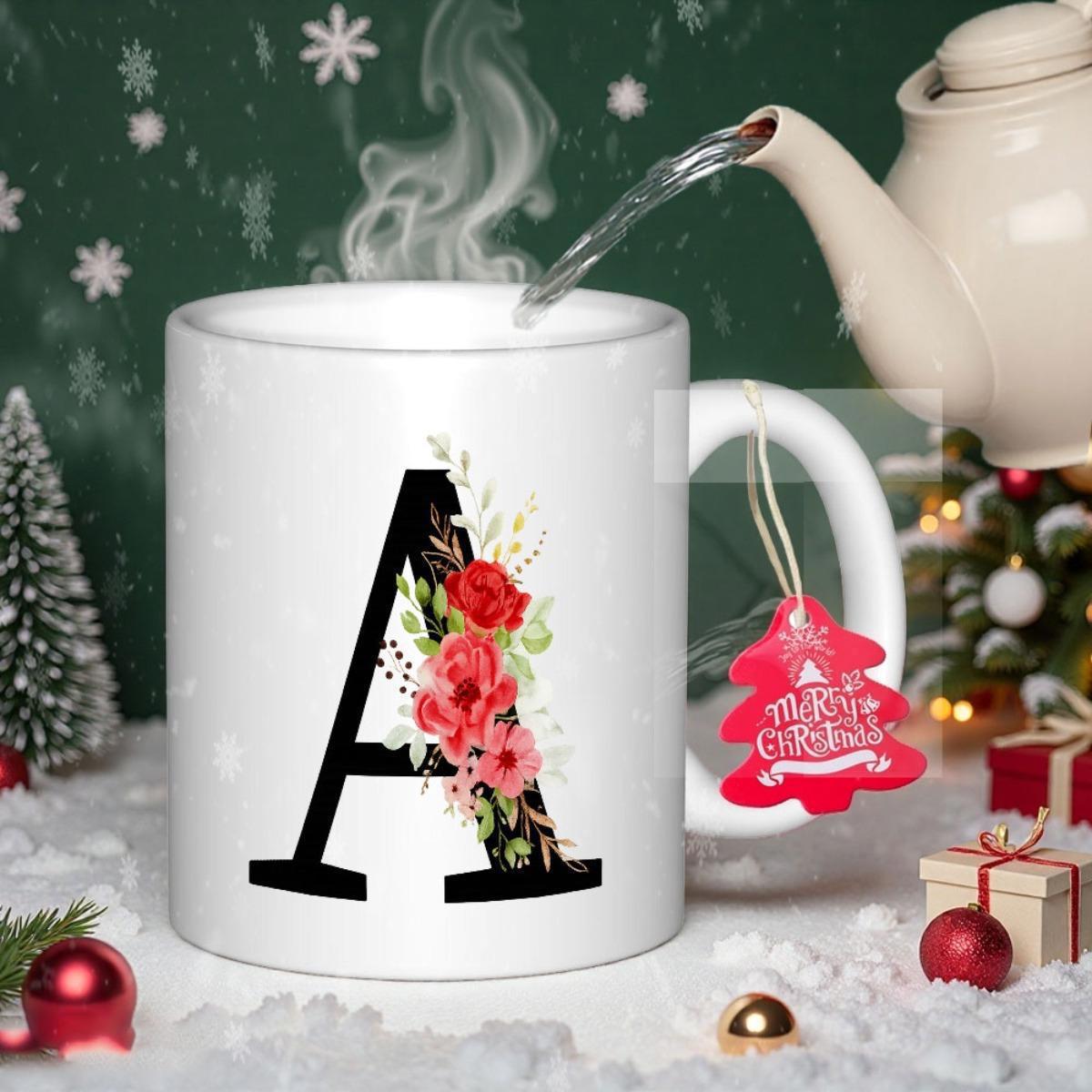 Tailorly White Ceramic 11 oz Mug - A Elegant Black Serif Character With Vibrant Red Roses And Green Leaves Letter
