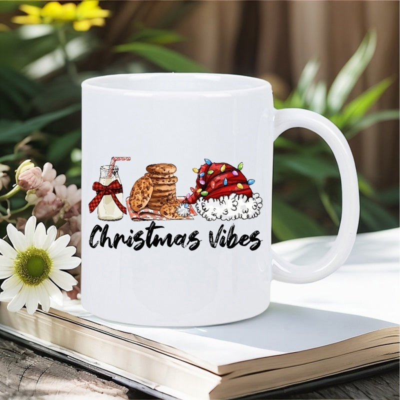 Tailorly White Ceramic 11 oz Mug - Christmas Vibes Sweet Cookies And Milk Next To A Glowing Decorative Holiday Santa Hat