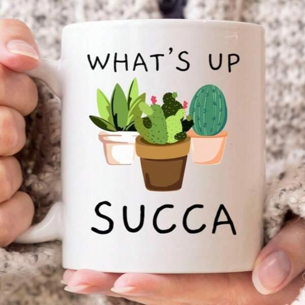 Tailorly White Ceramic 11 oz Mug - Whats Up Succa Three Green Potted Succulents Growing Inside Small Brown Ceramic Pots Cactus