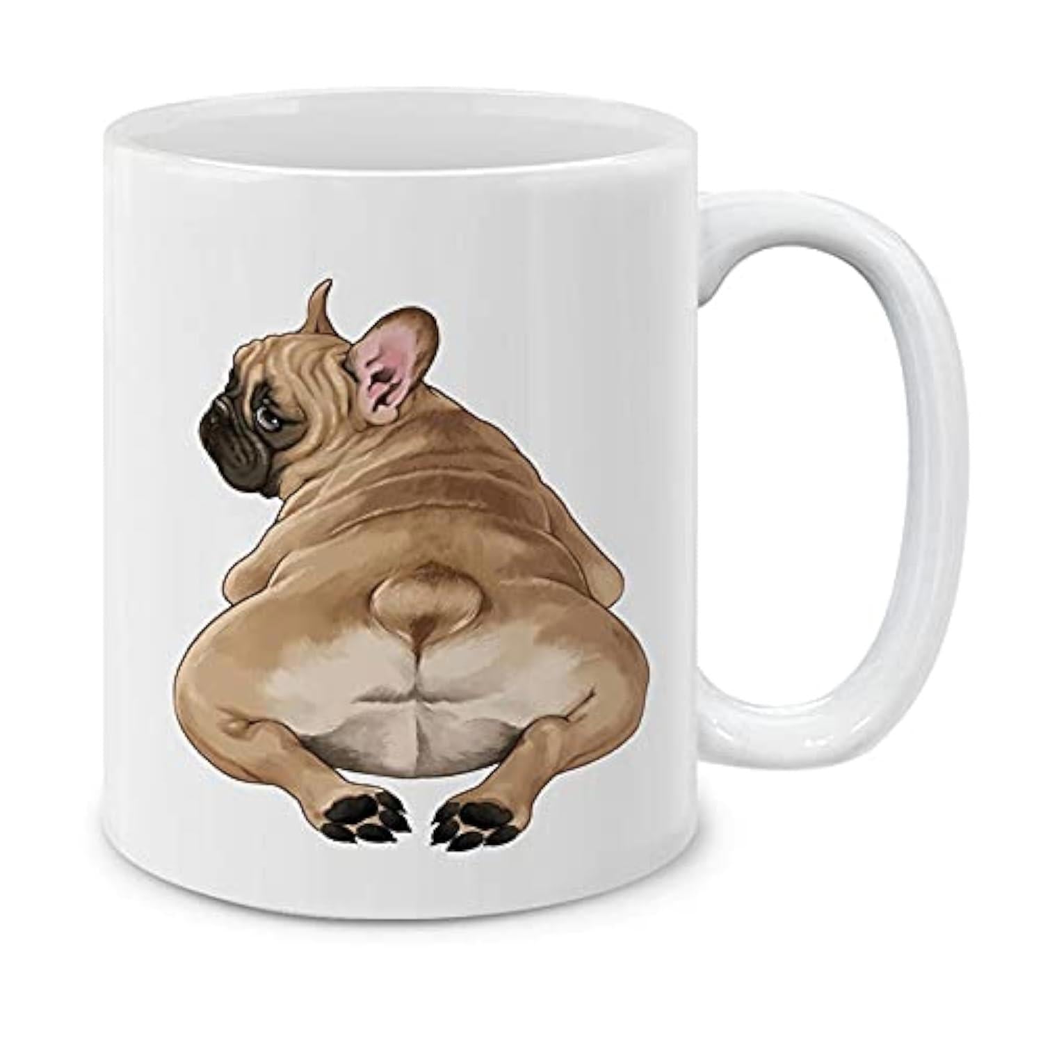 Tailorly White Ceramic 11 oz Mug - Adorable Brown Frenchie Dog Showing Its Bottom Sitting On White Background French Bulldog
