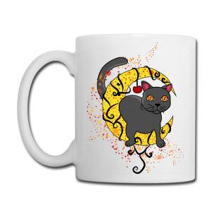 Tailorly White Ceramic 11 oz Mug - Mystical Crescent Moon With Golden Patterns And Starry Splatters Behind A Black Cat