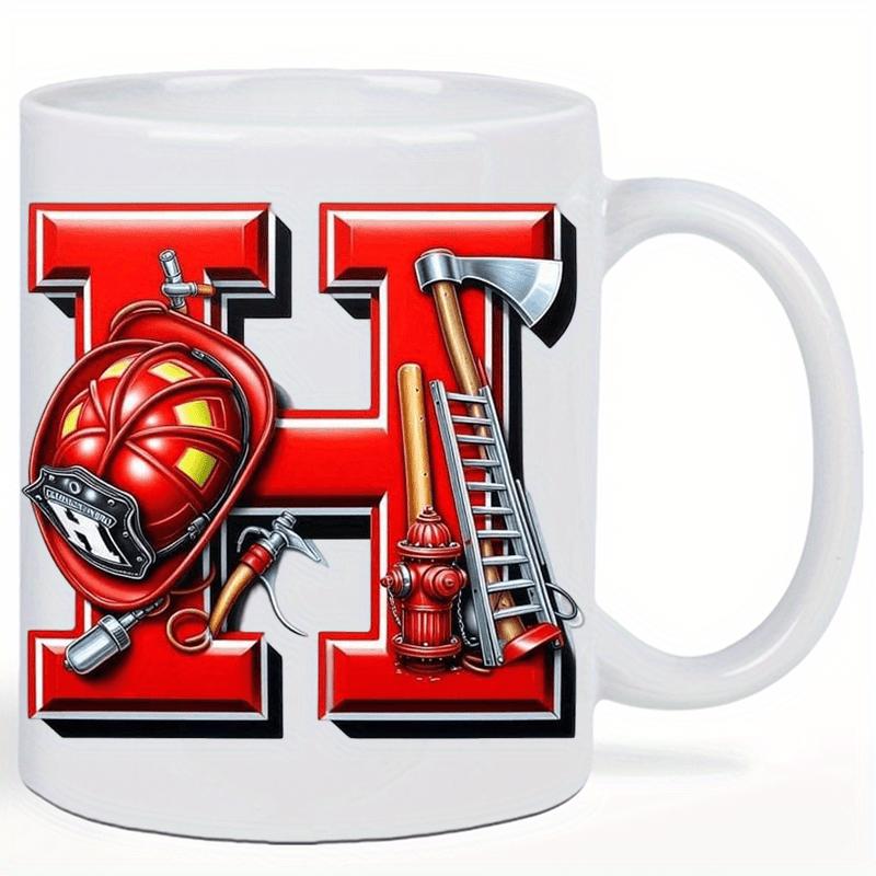 Tailorly White Ceramic 11 oz Mug - H Bold Red Letter With Professional Firefighter Helmet Axe And Ladder Firefighter