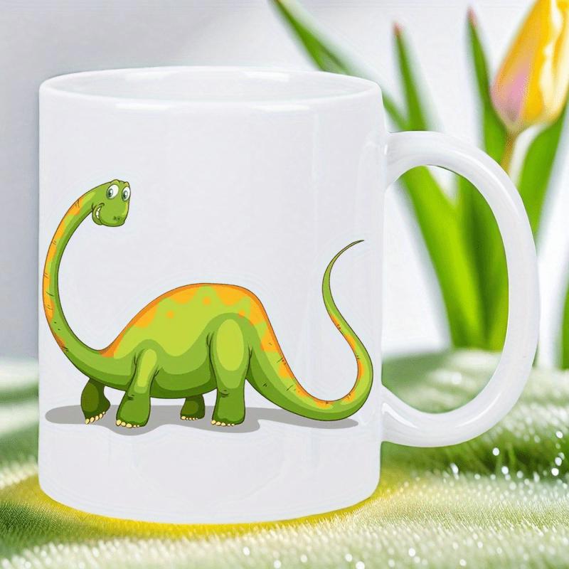 Tailorly White Ceramic 11 oz Mug - Friendly Green Cartoon Long Necked Brachiosaurus Standing Under Soft Light Dinosaur