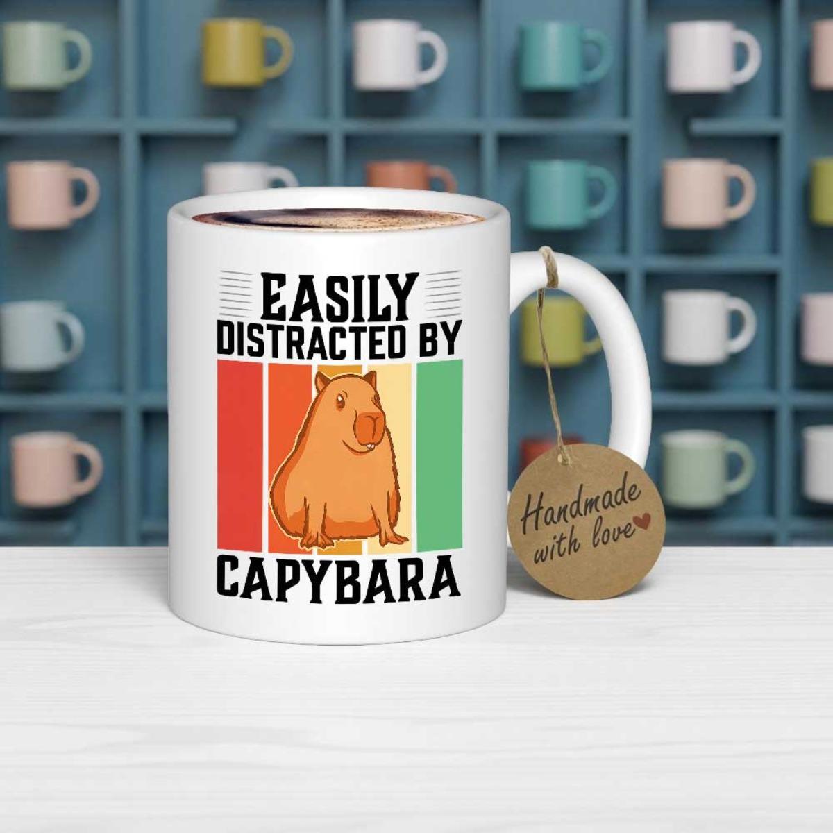 Tailorly White Ceramic 11 oz Mug - Easily Distracted By Capybara Cute Sitting Animal Among Vintage Colorful Retro Vertical Stripes Background Capybara